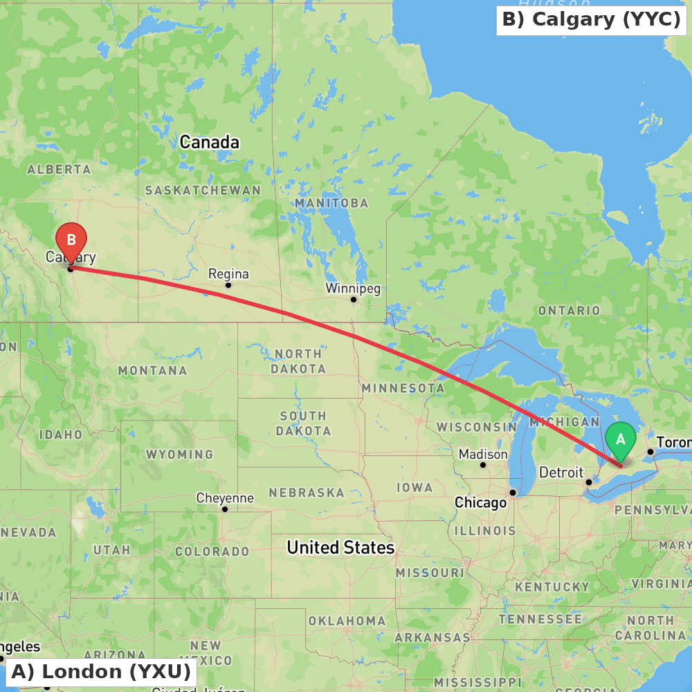 Flight route map from London to Calgary