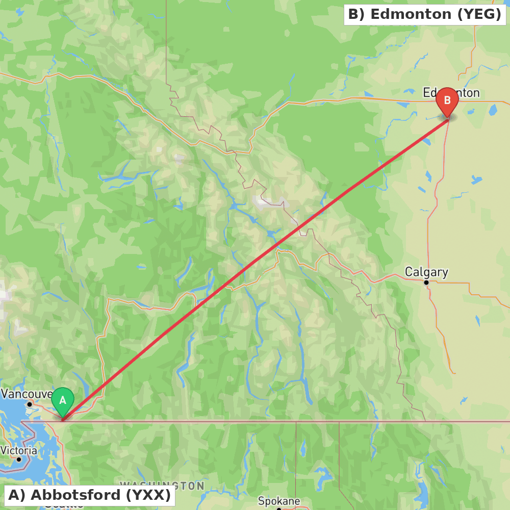 Flight route map from Abbotsford to Edmonton