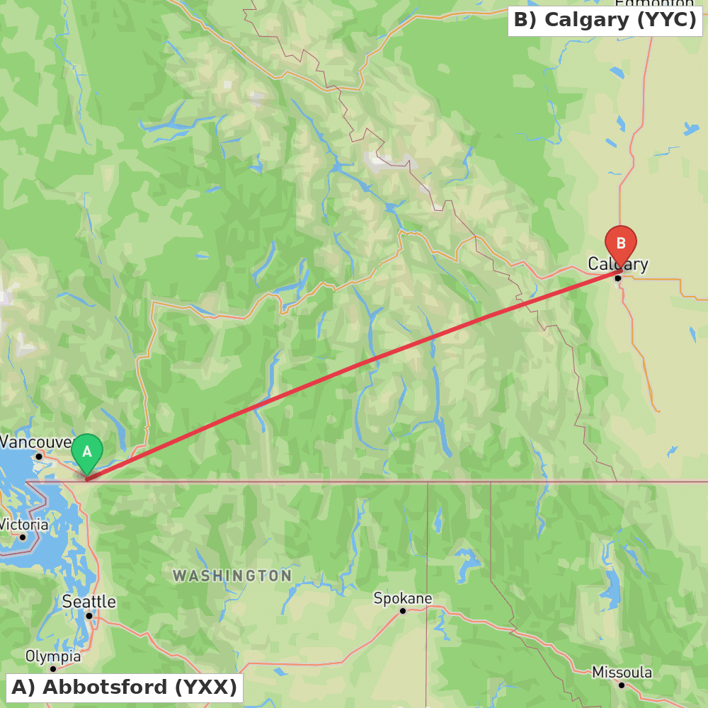Flight route map from Abbotsford to Calgary