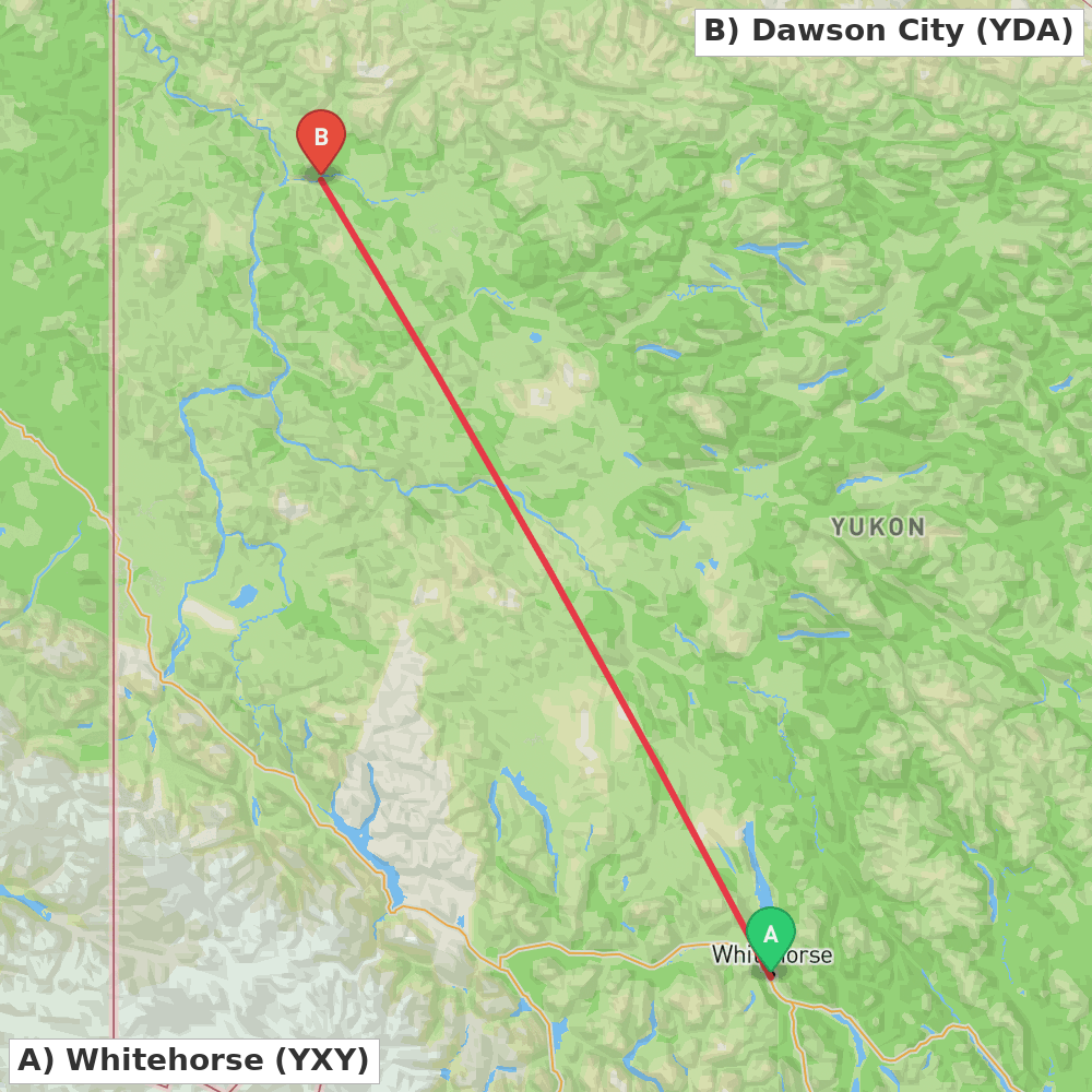 Flight route map from Whitehorse to Dawson City