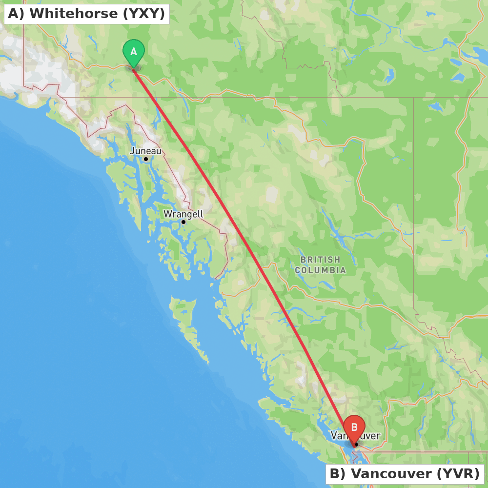 Flight route map from Whitehorse to Vancouver