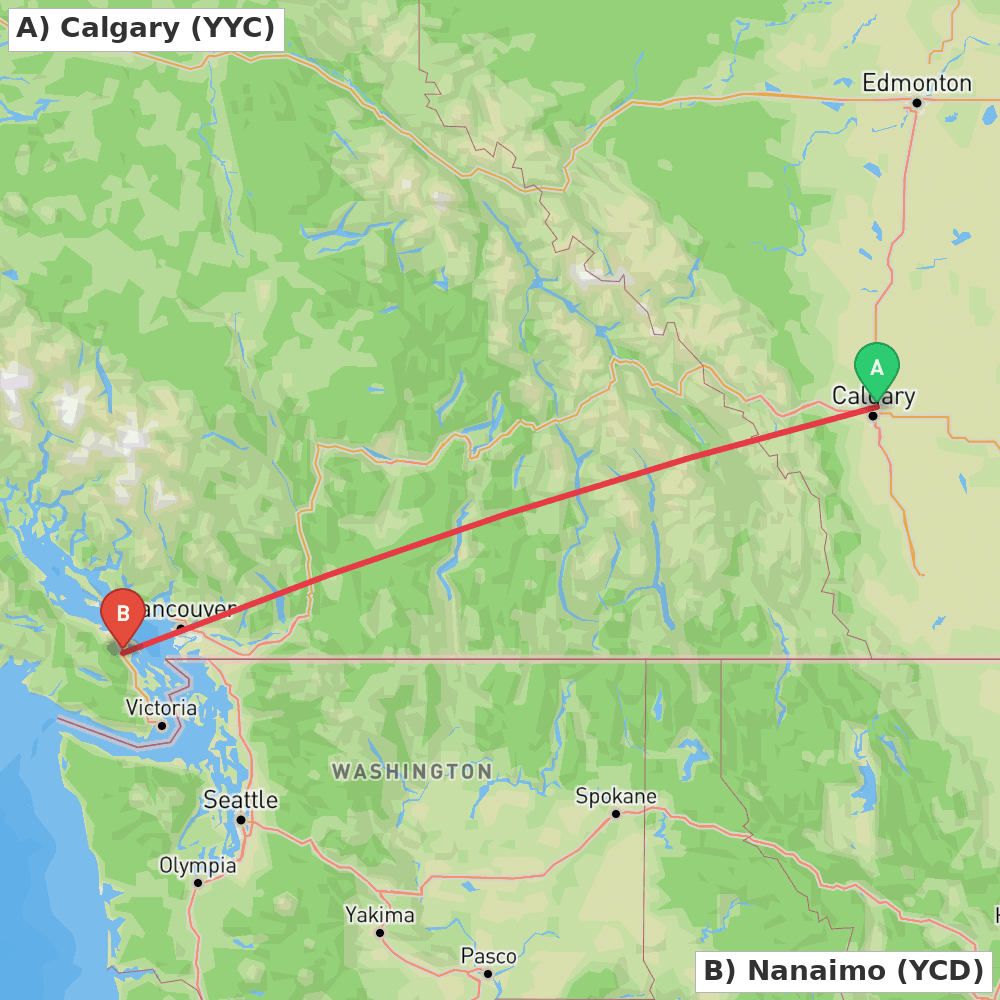 Flight route map from Calgary to Nanaimo