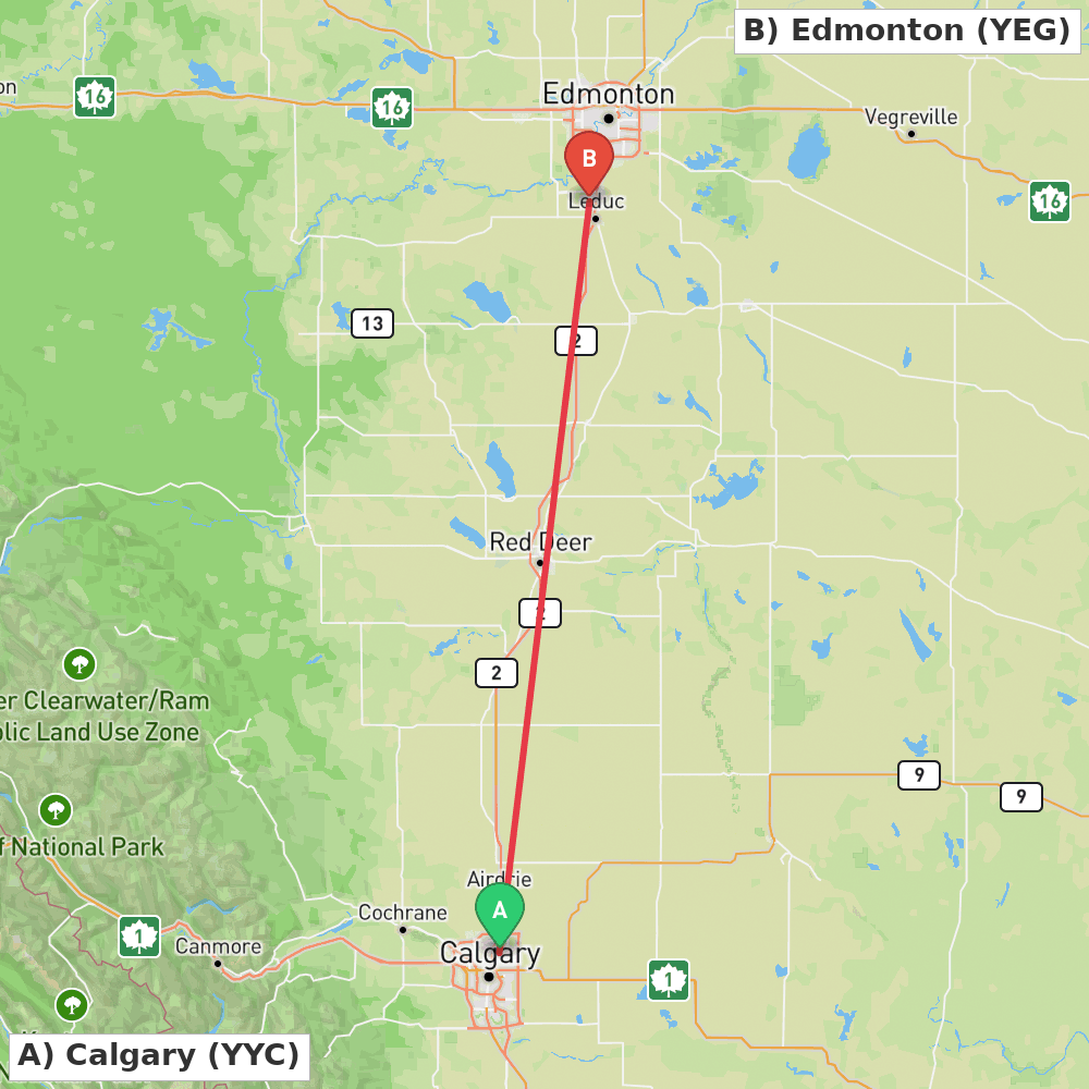 Flight route map from Calgary to Edmonton
