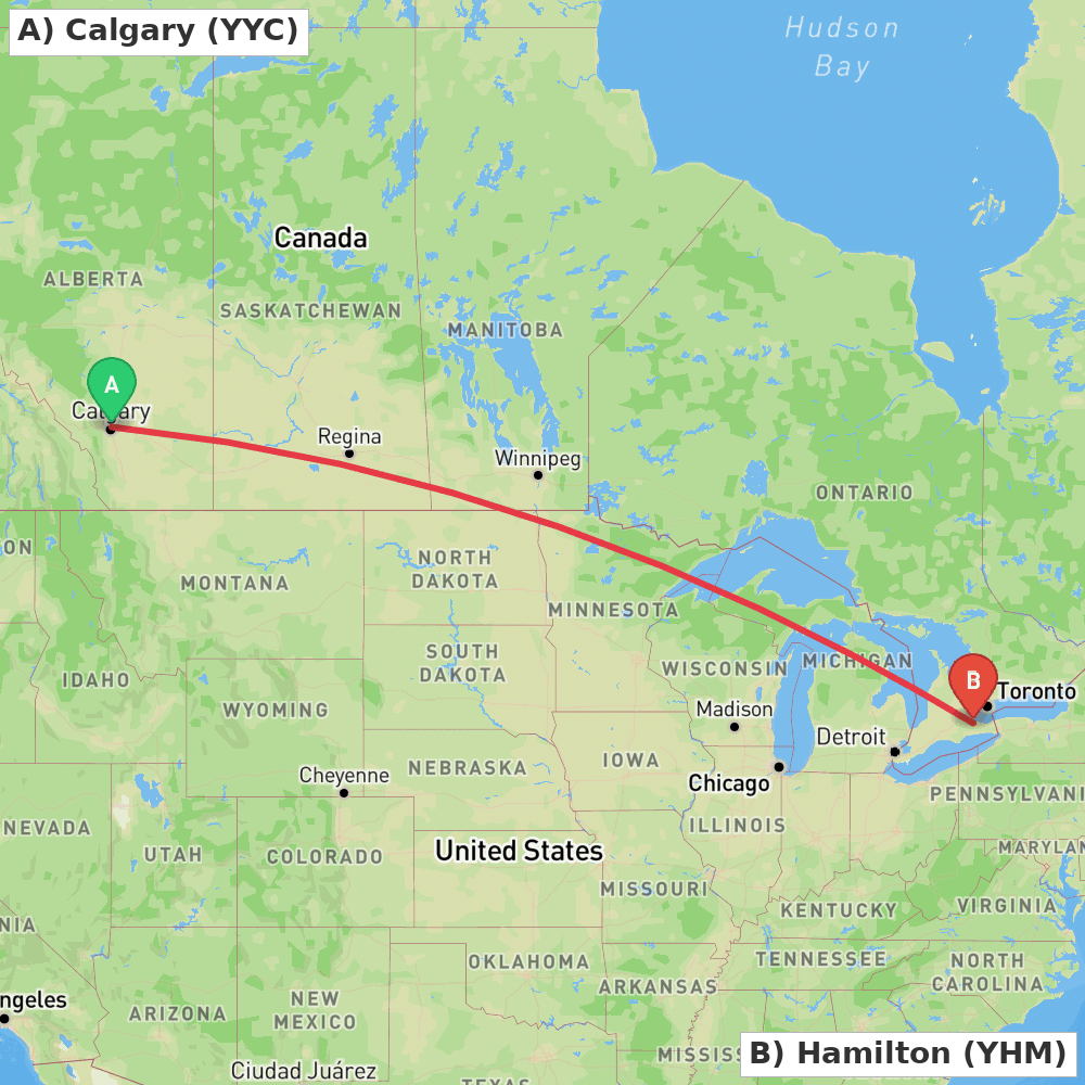 Flight route map from Calgary to Hamilton