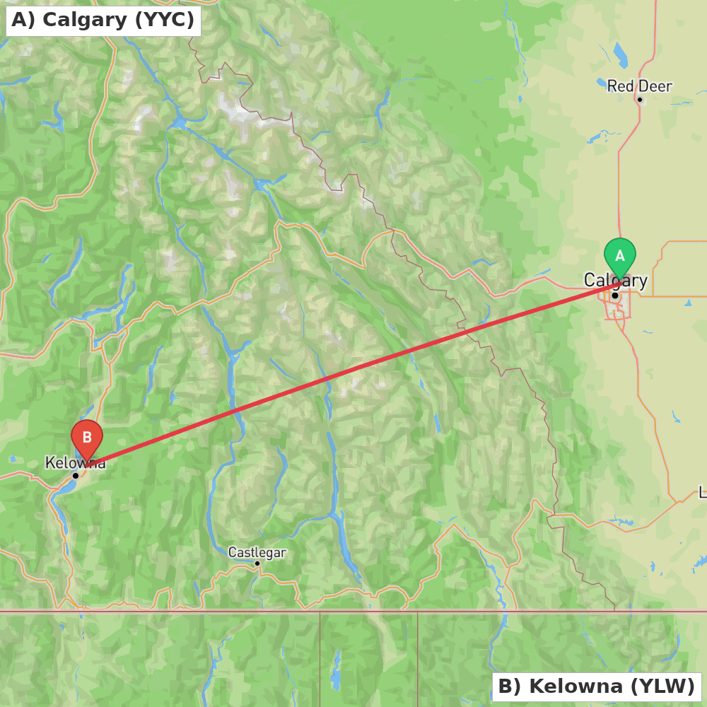 Flight route map from Calgary to Kelowna