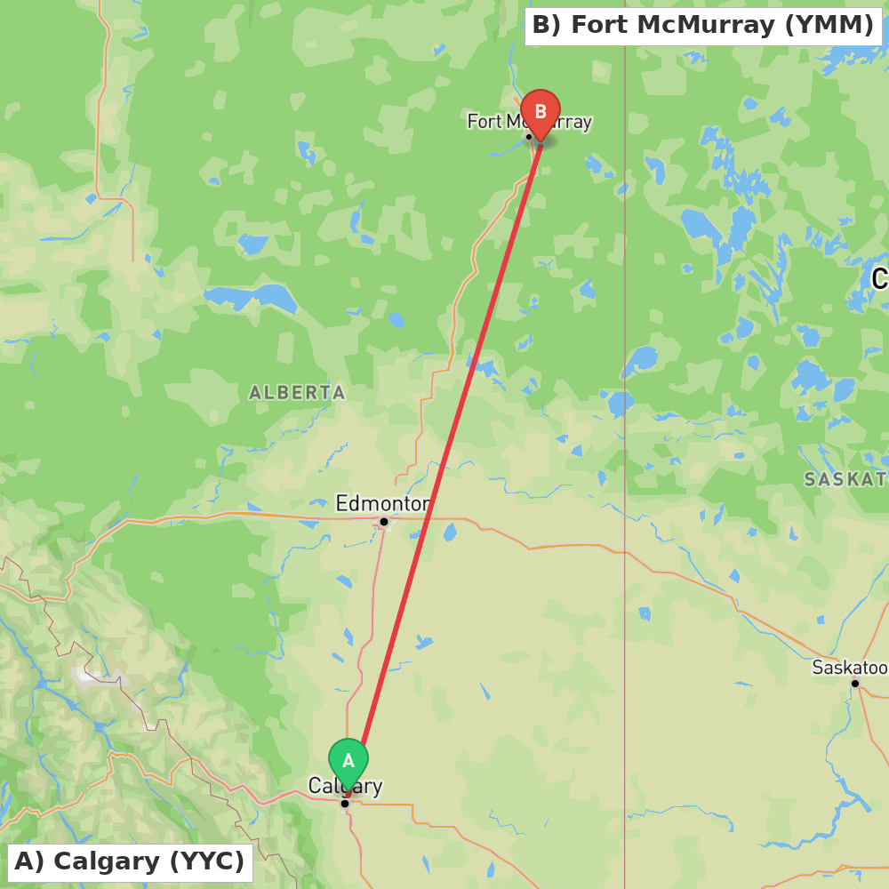 Flight route map from Calgary to Fort McMurray