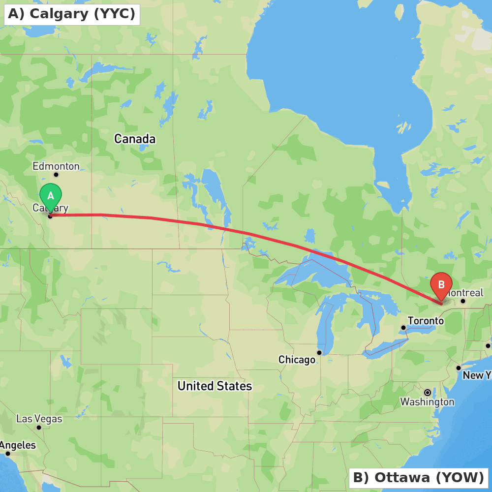 Flight route map from Calgary to Ottawa