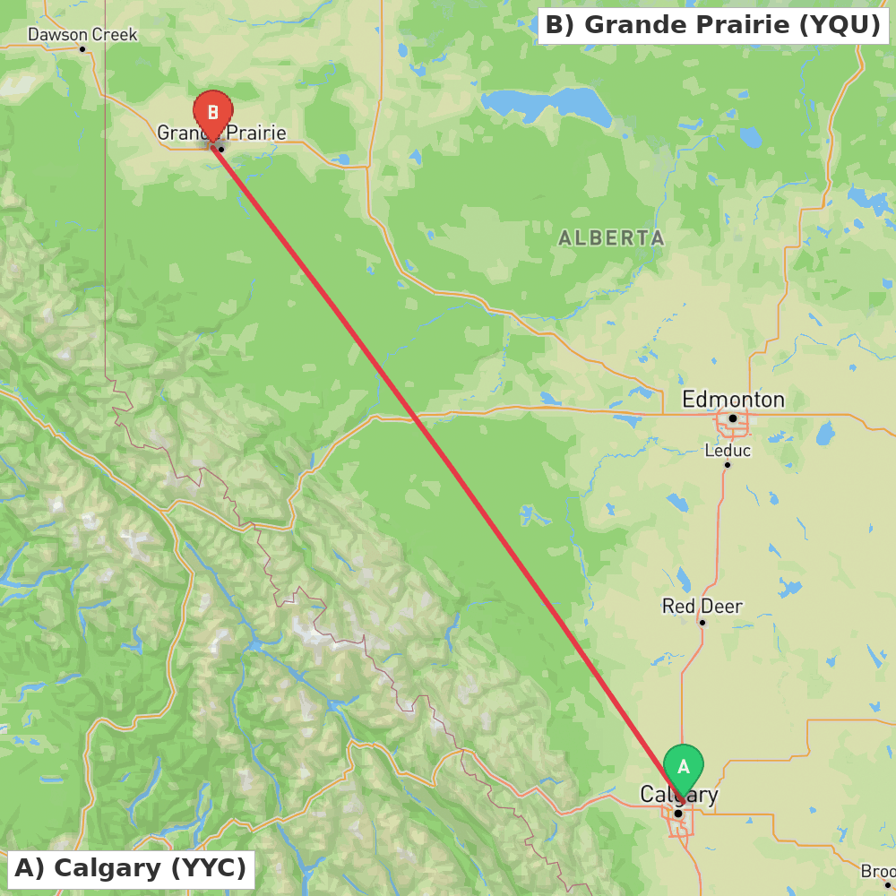 Flight route map from Calgary to Grande Prairie