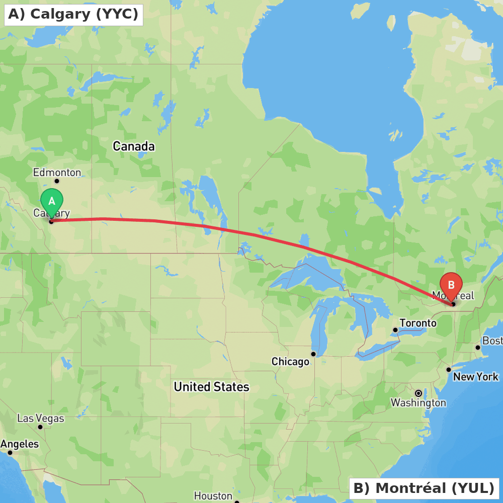 Flight route map from Calgary to Montréal