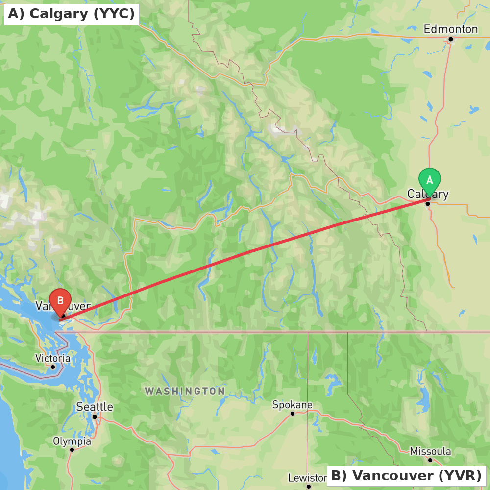 Flight route map from Calgary to Vancouver