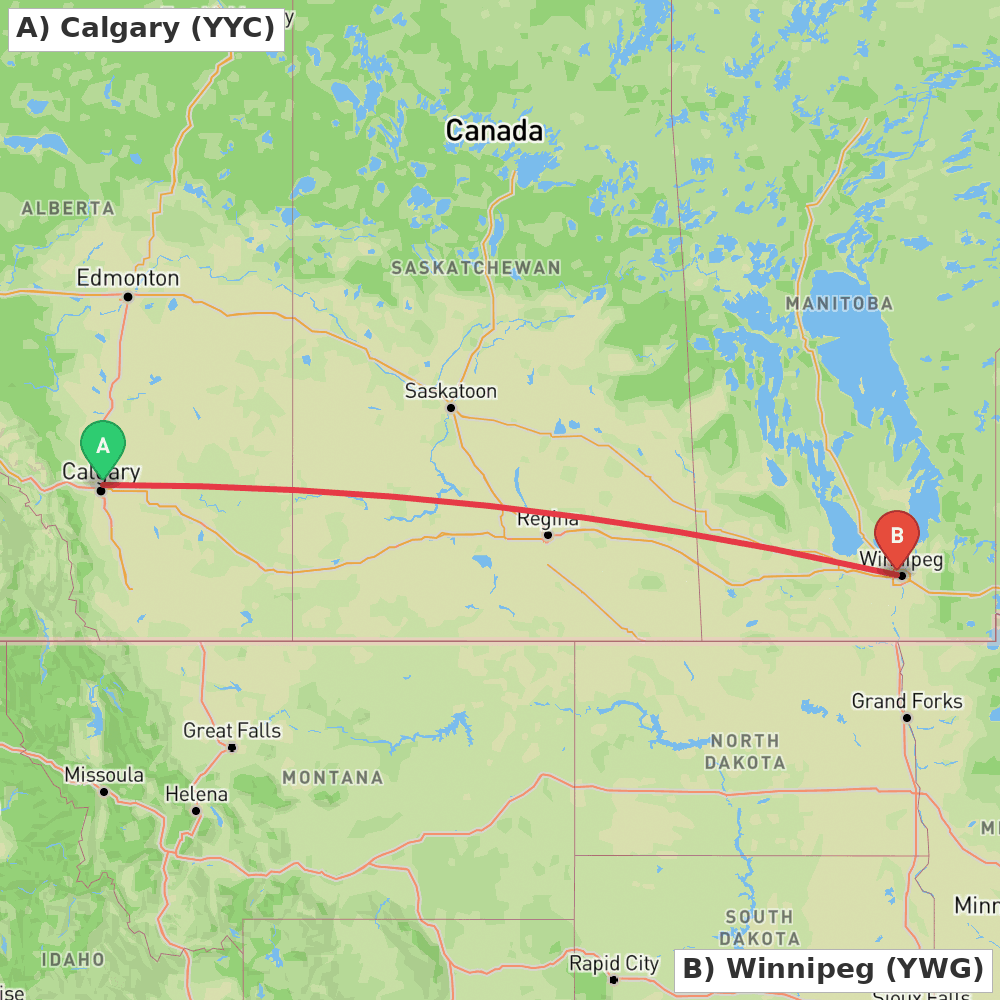 Flight route map from Calgary to Winnipeg