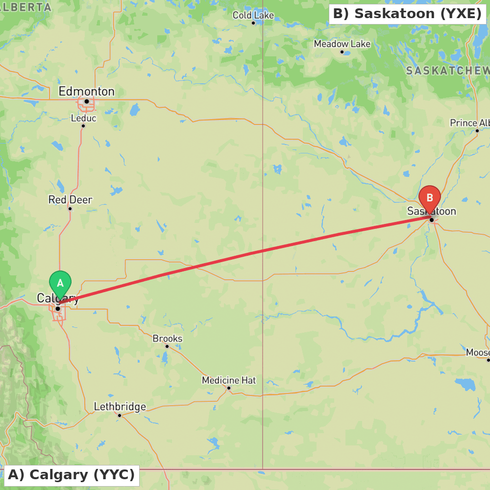 Flight route map from Calgary to Saskatoon