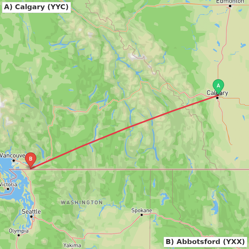 Flight route map from Calgary to Abbotsford
