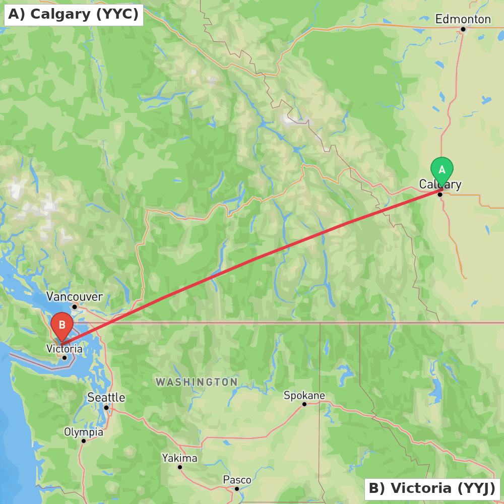 Flight route map from Calgary to Victoria