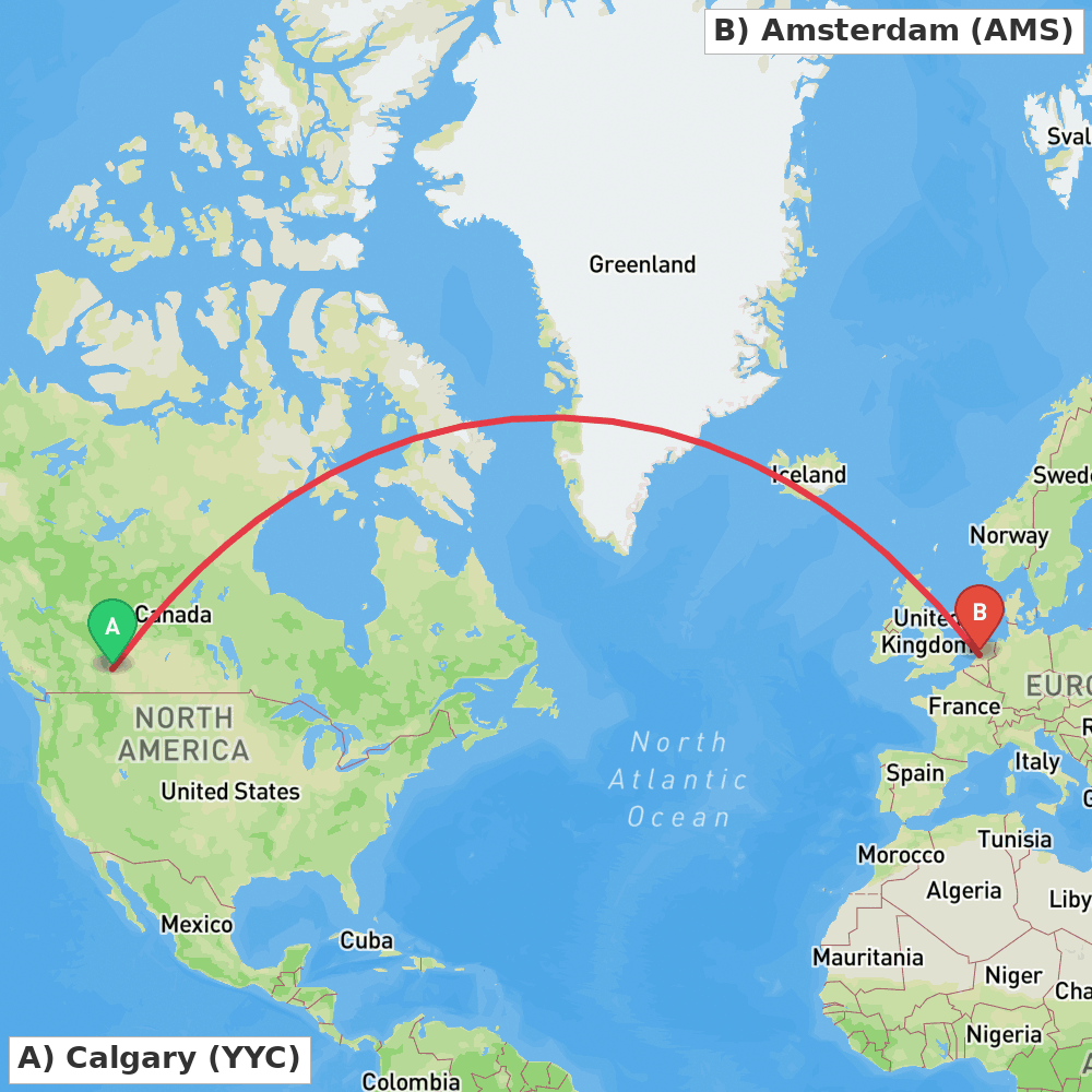 Flight route map from Calgary to Amsterdam