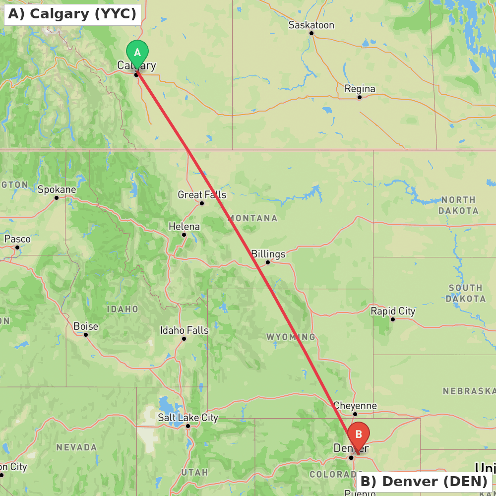 Flight route map from Calgary to Denver