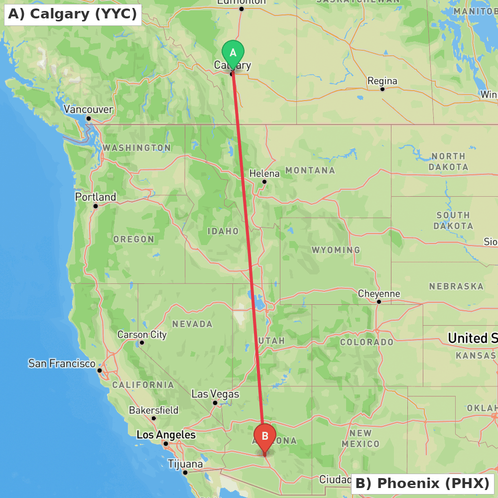 Flight route map from Calgary to Phoenix