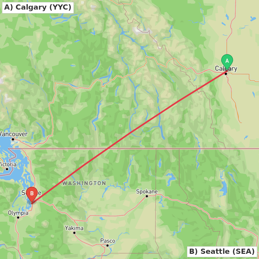 Flight route map from Calgary to Seattle