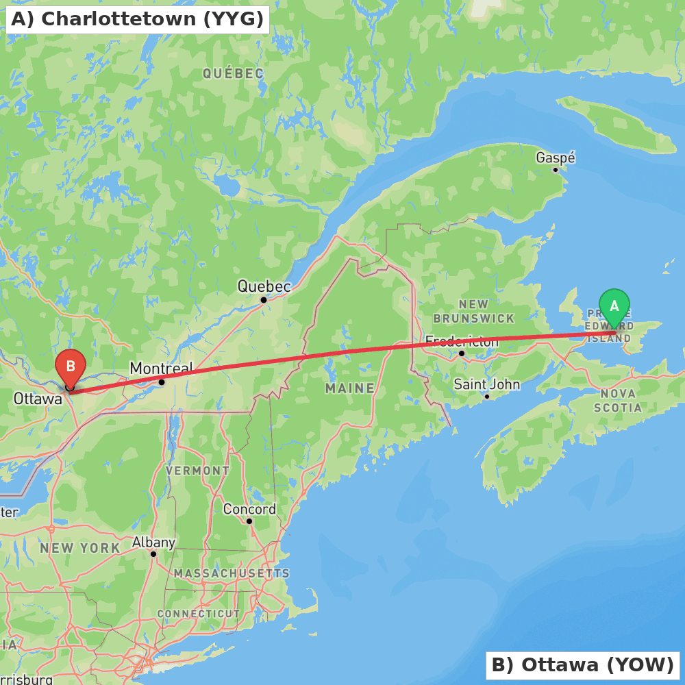 Flight route map from Charlottetown to Ottawa
