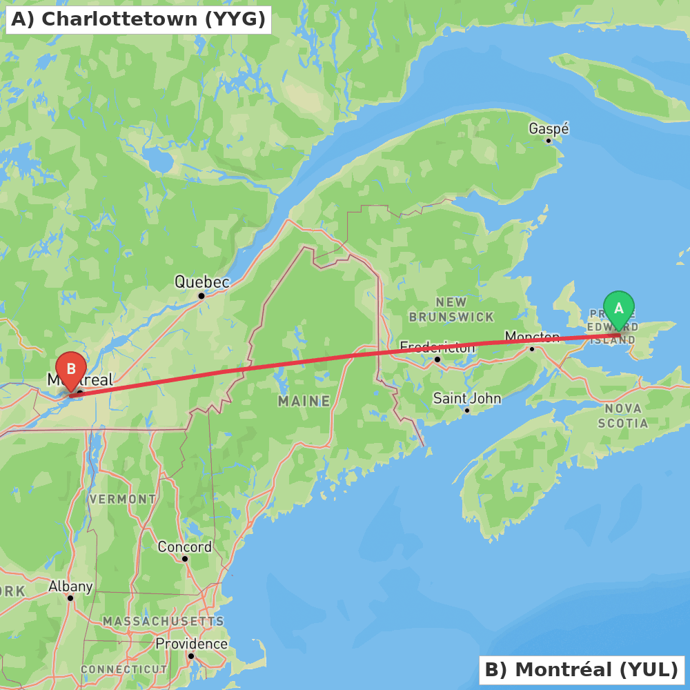 Flight route map from Charlottetown to Montréal