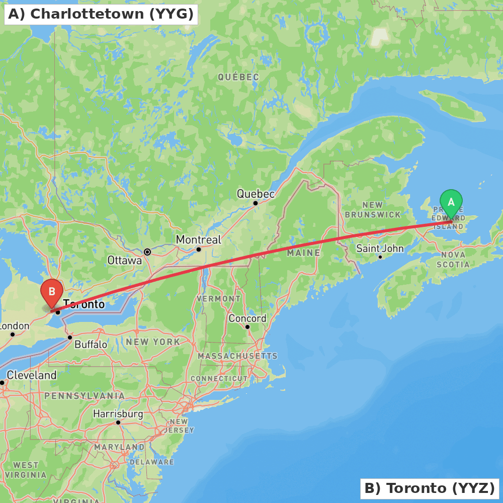 Flight route map from Charlottetown to Toronto