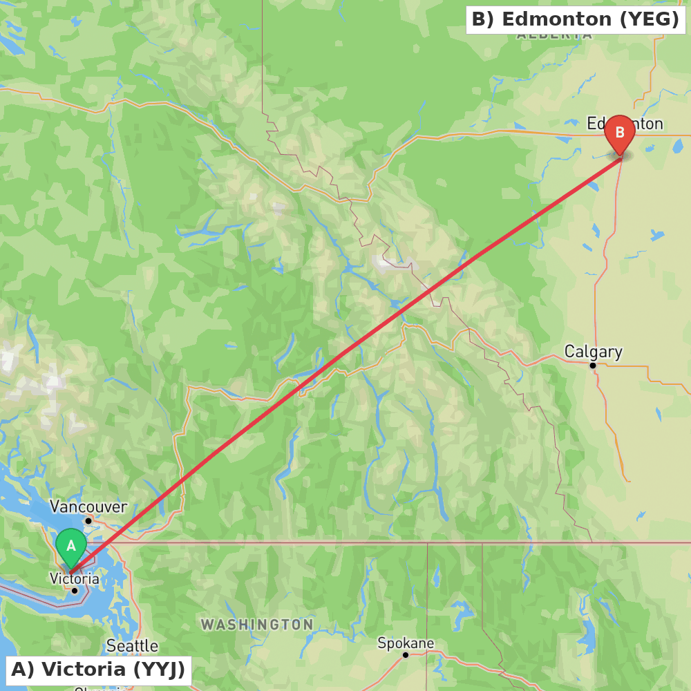 Flight route map from Victoria to Edmonton