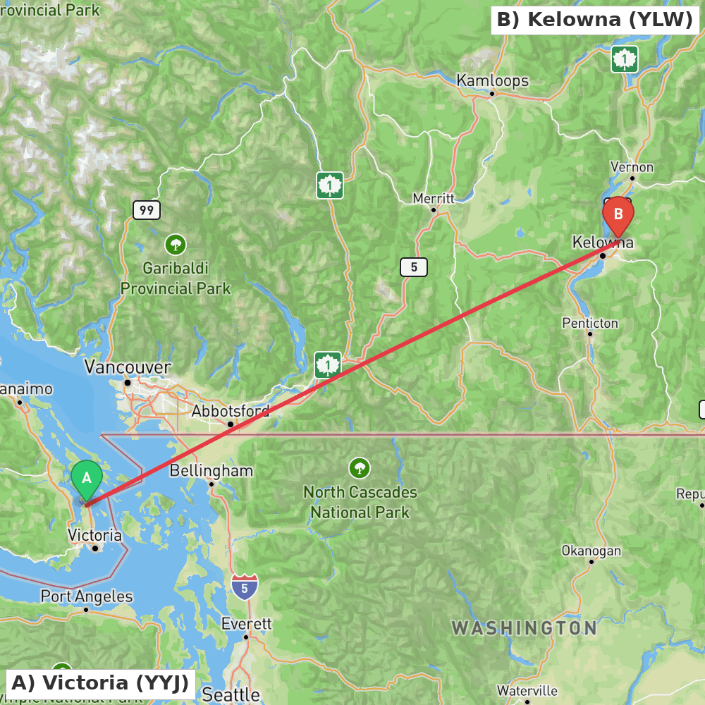 Flight route map from Victoria to Kelowna