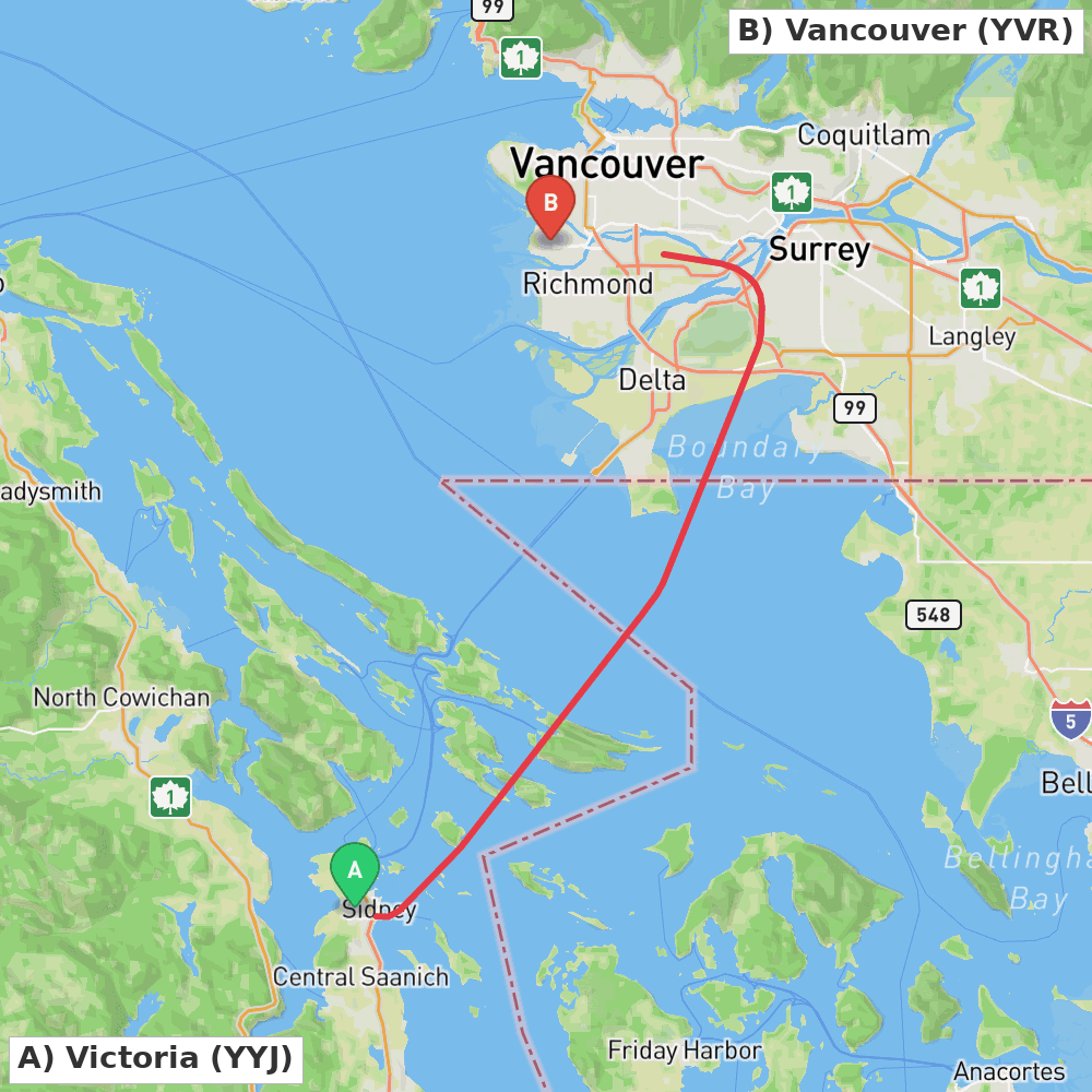 Flight route map from Victoria to Vancouver