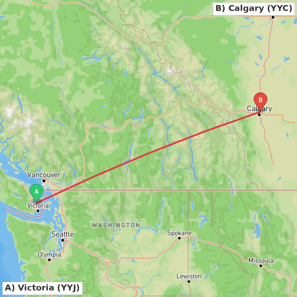Flight route map from Victoria to Calgary