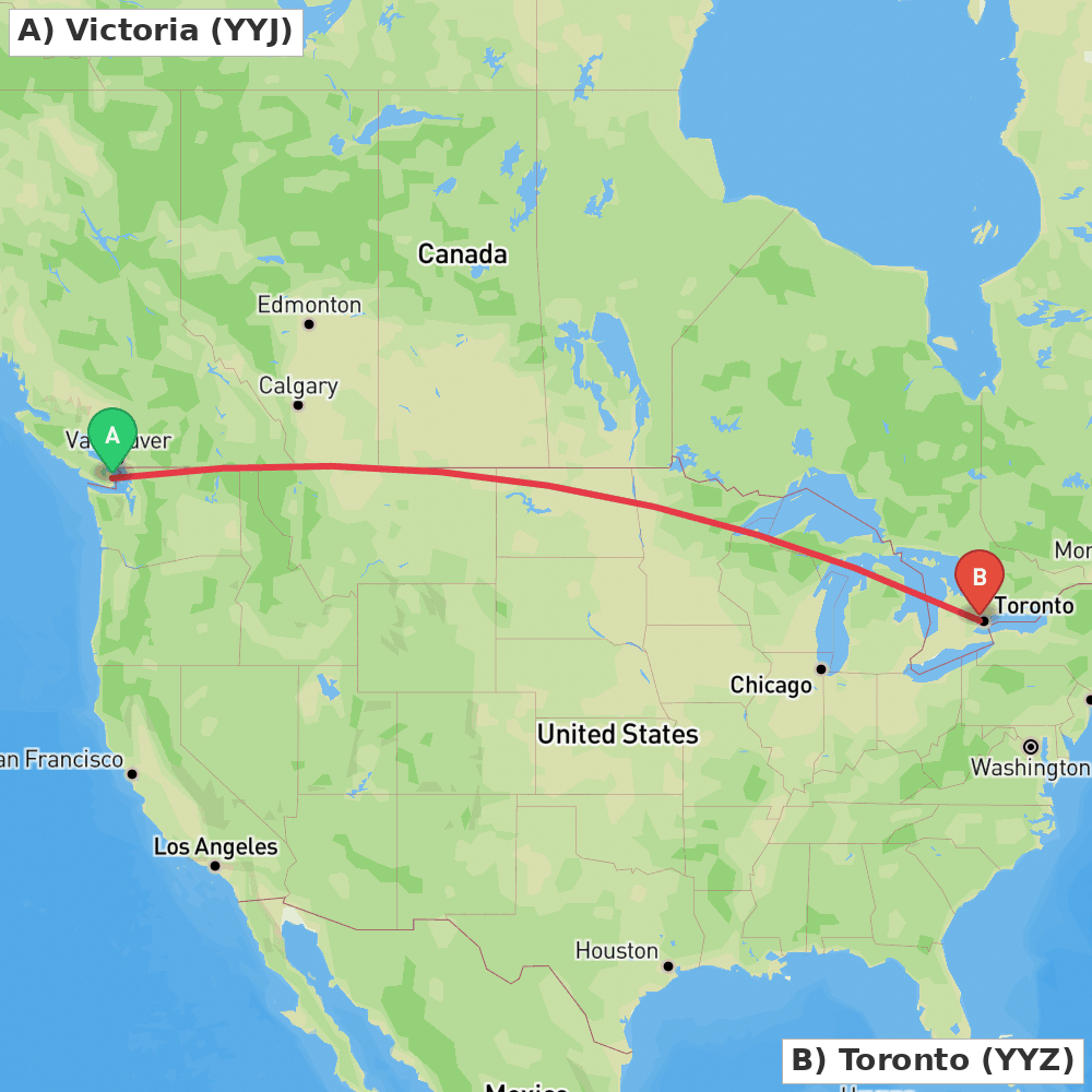 Flight route map from Victoria to Toronto