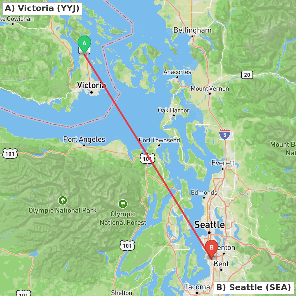 Flight route map from Victoria to Seattle