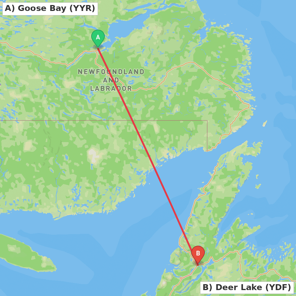 Flight route map from Goose Bay to Deer Lake