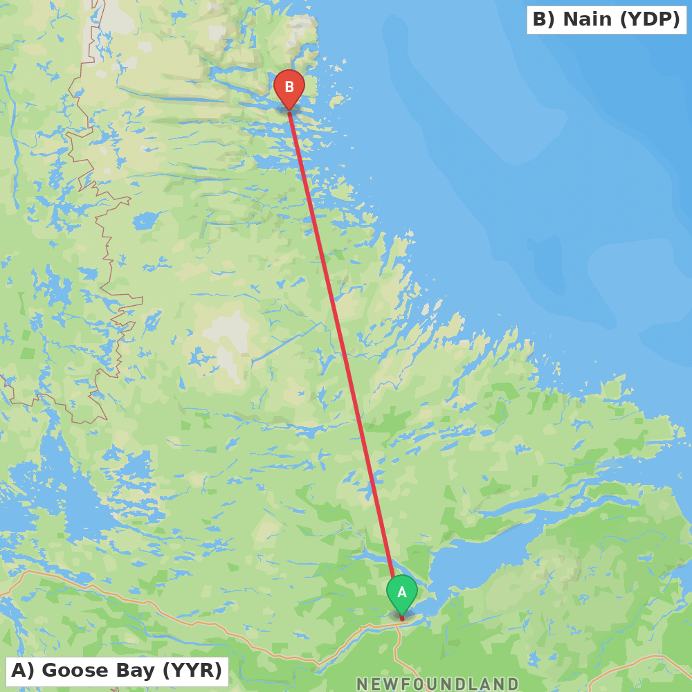 Flight route map from Goose Bay to Nain