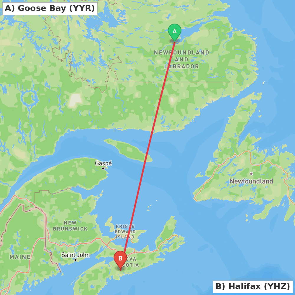 Flight route map from Goose Bay to Halifax