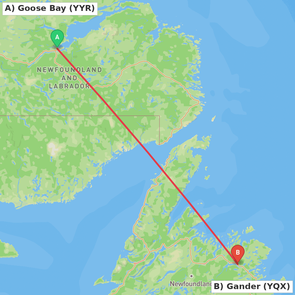 Flight route map from Goose Bay to Gander