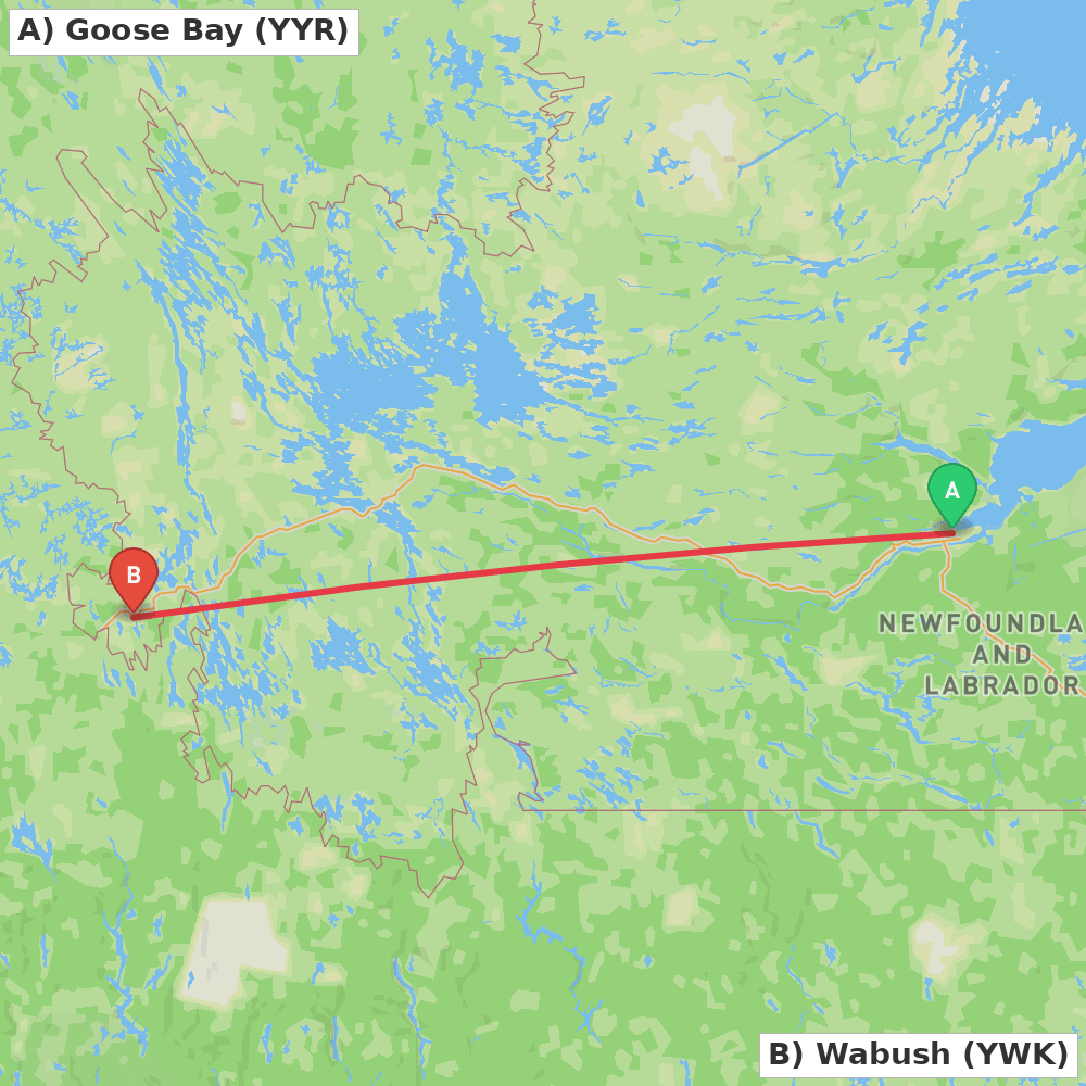 Flight route map from Goose Bay to Wabush