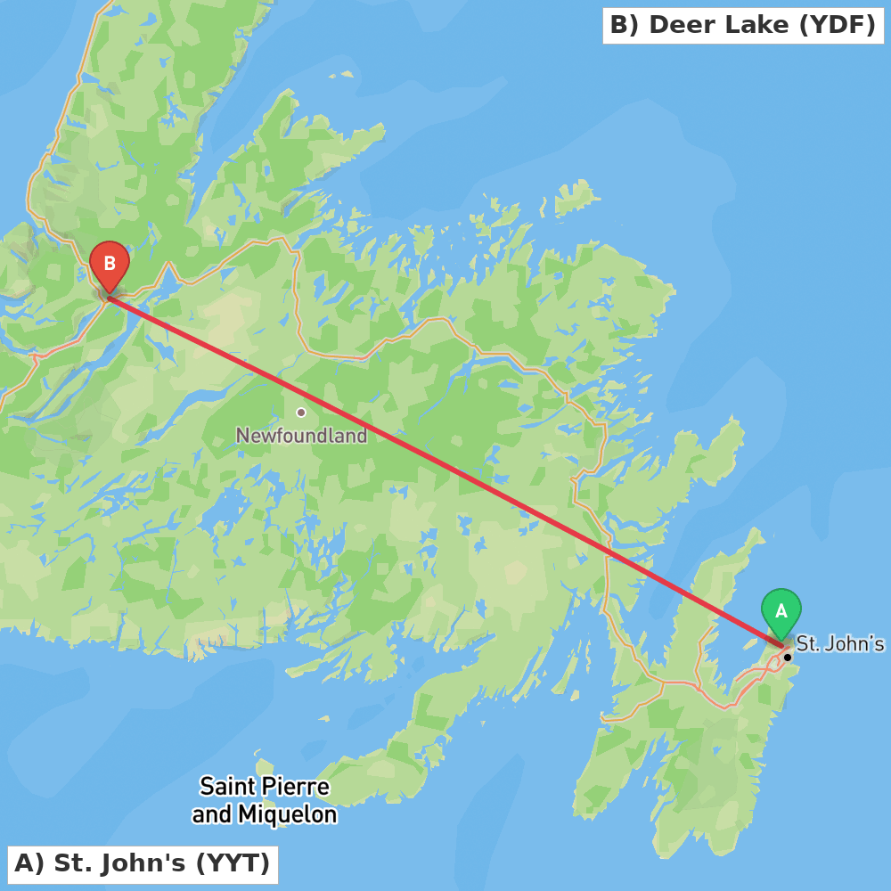Flight route map from St. John's to Deer Lake