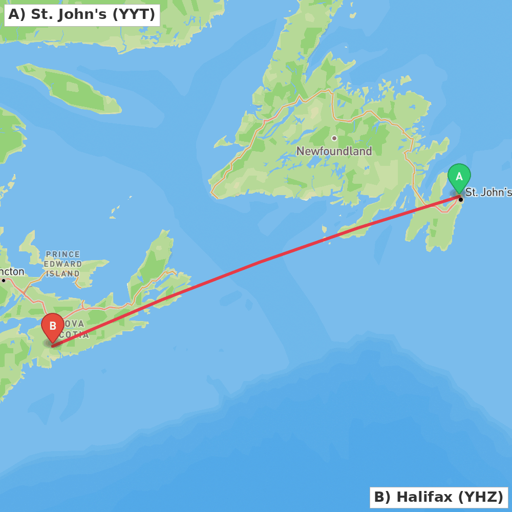Flight route map from St. John's to Halifax