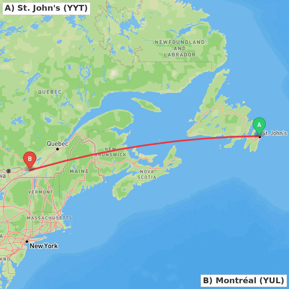 Flight route map from St. John's to Montréal