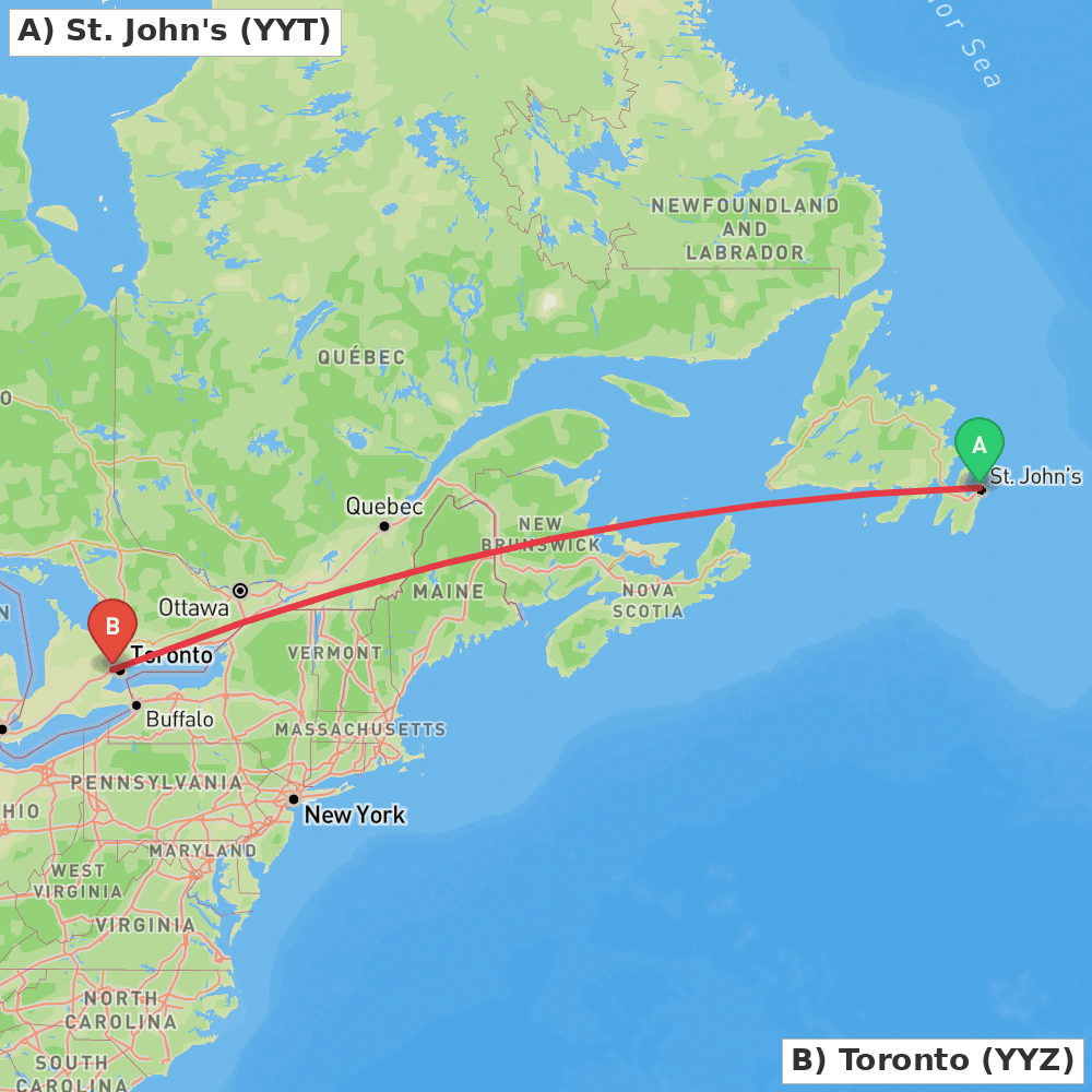 Flight route map from St. John's to Toronto