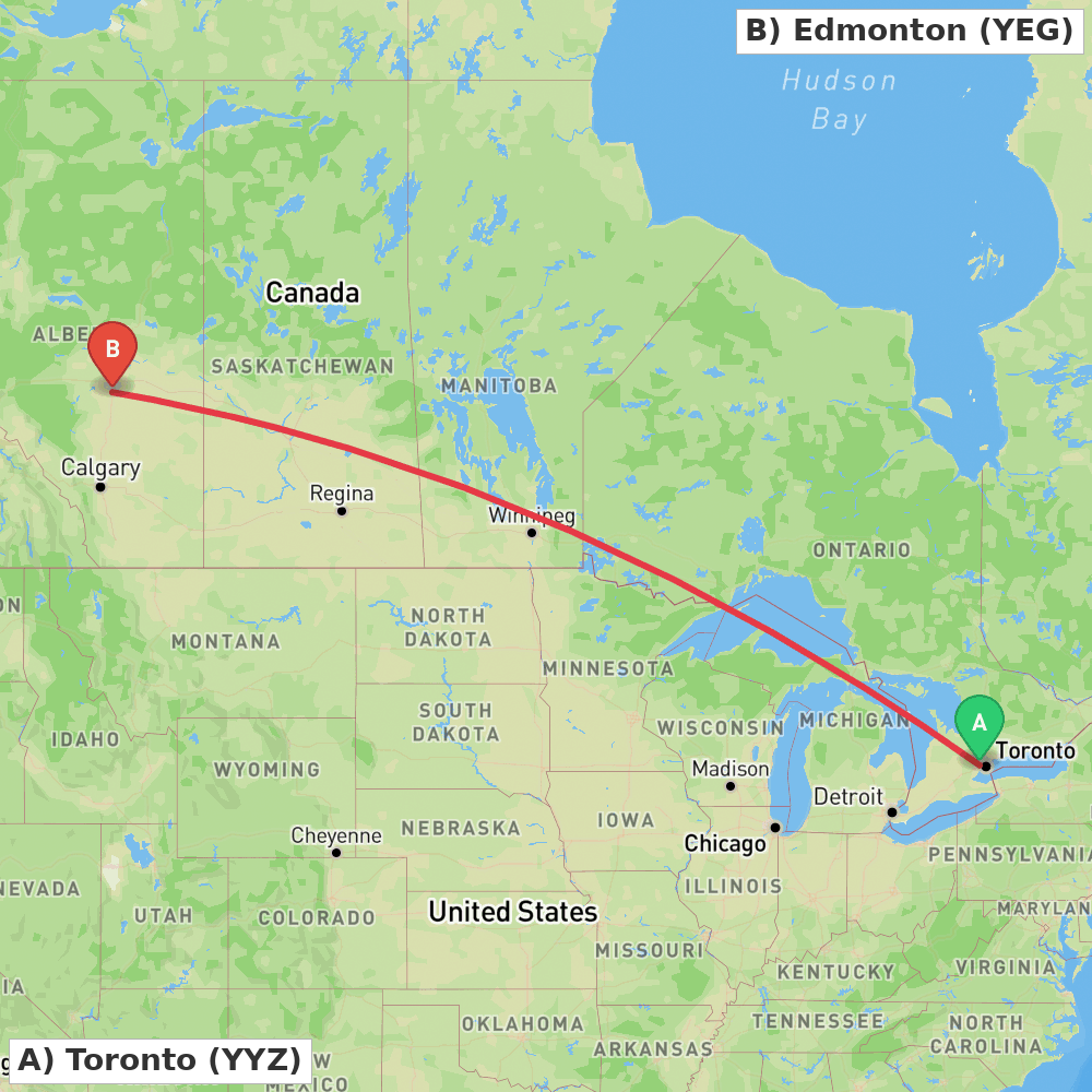 Flight route map from Toronto to Edmonton