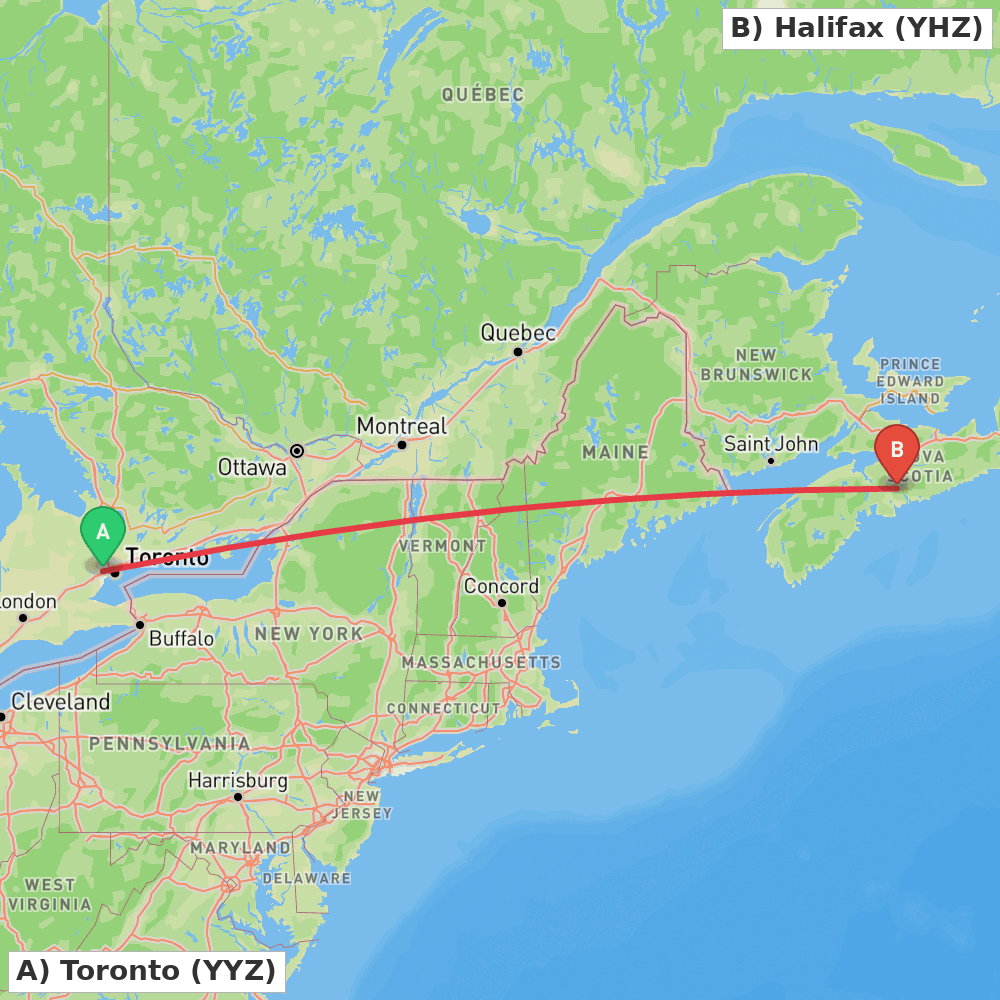 Flight route map from Toronto to Halifax