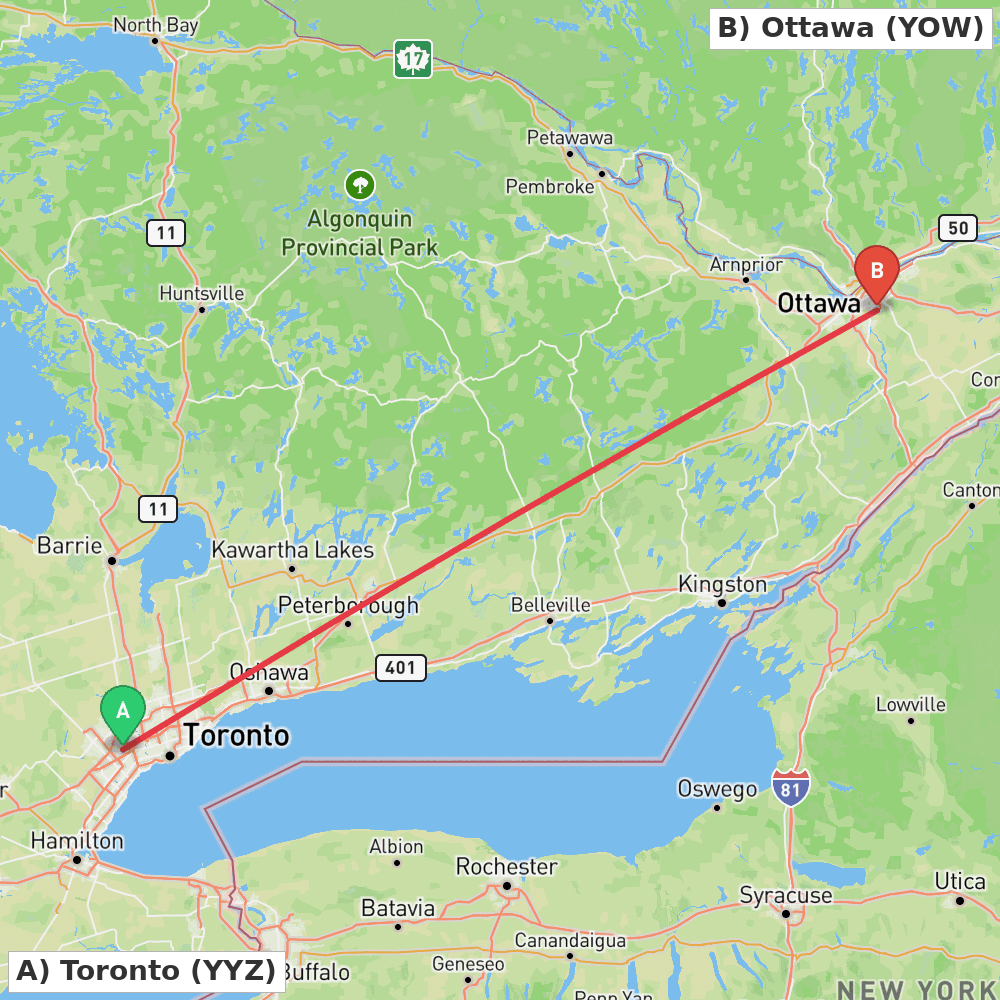 Flight route map from Toronto to Ottawa