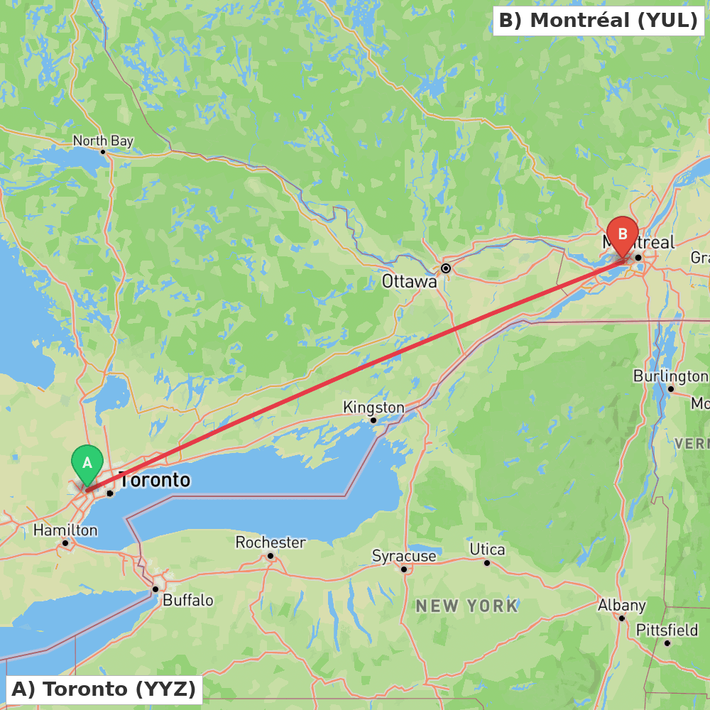 Flight route map from Toronto to Montréal
