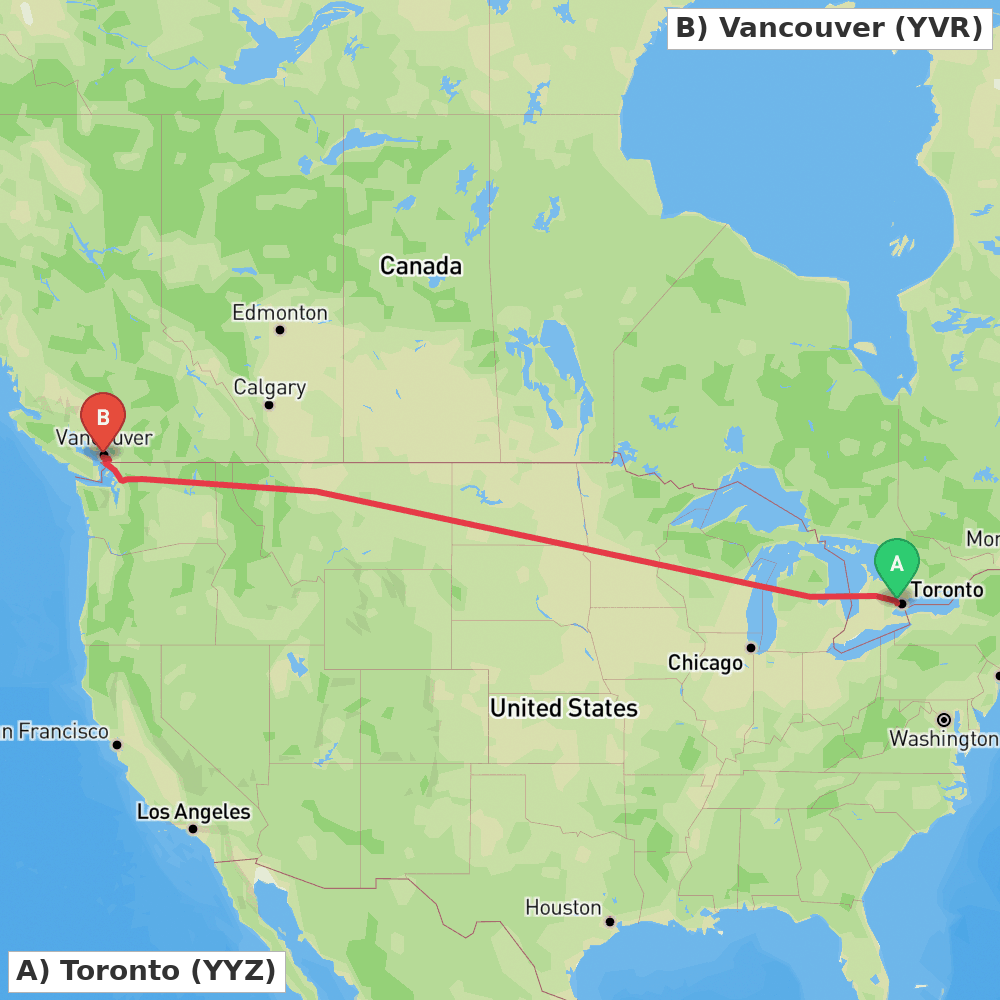 Flight route map from Toronto to Vancouver