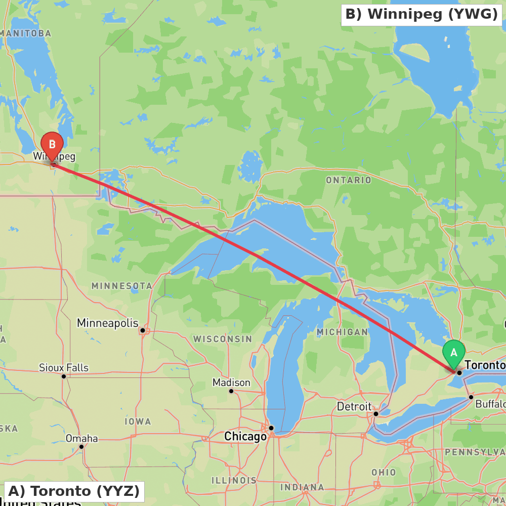 Flight route map from Toronto to Winnipeg