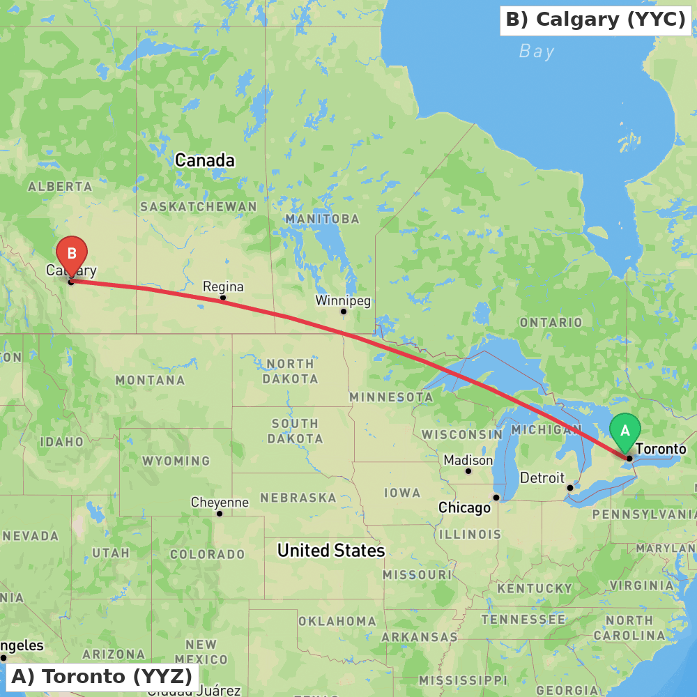 Flight route map from Toronto to Calgary