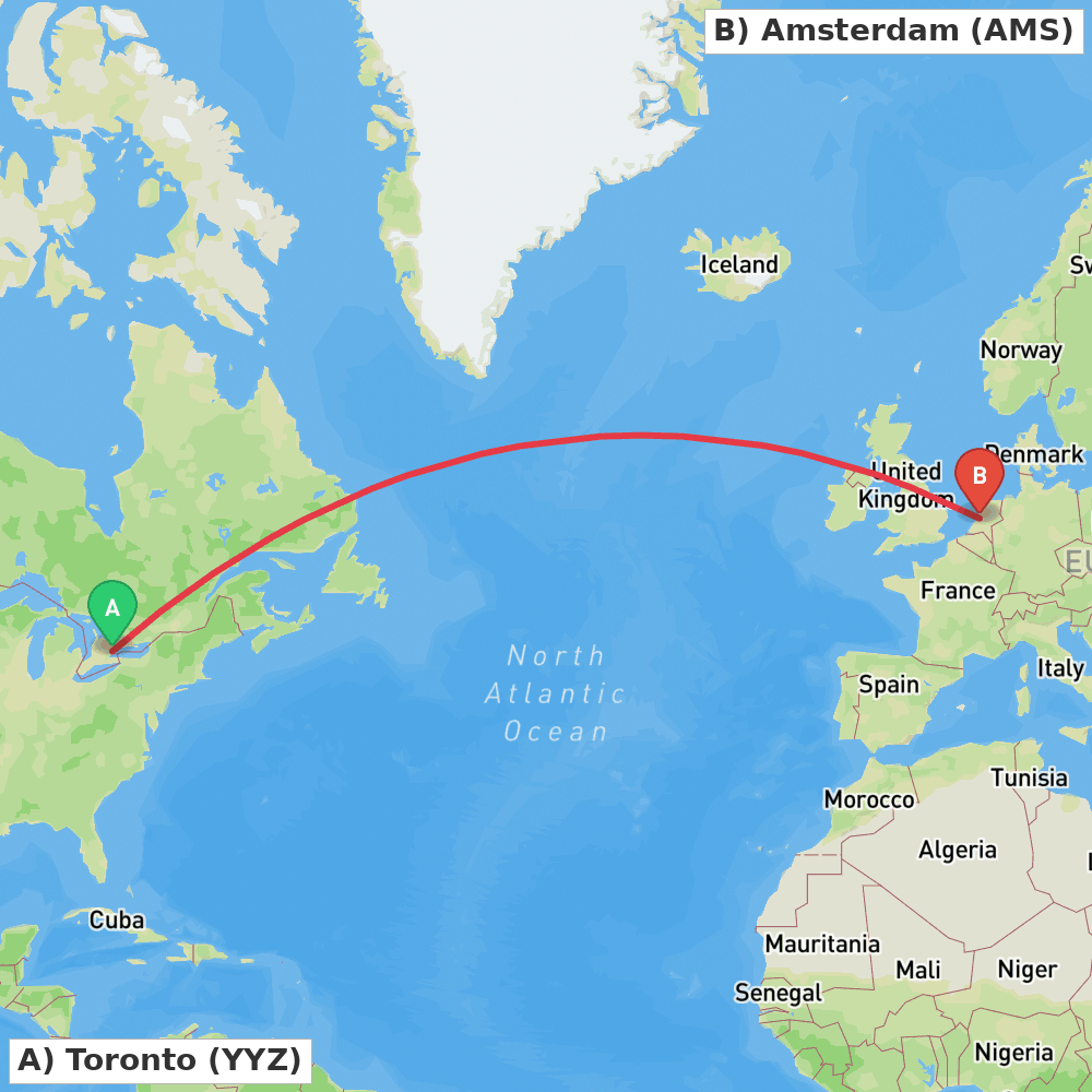 Flight route map from Toronto to Amsterdam