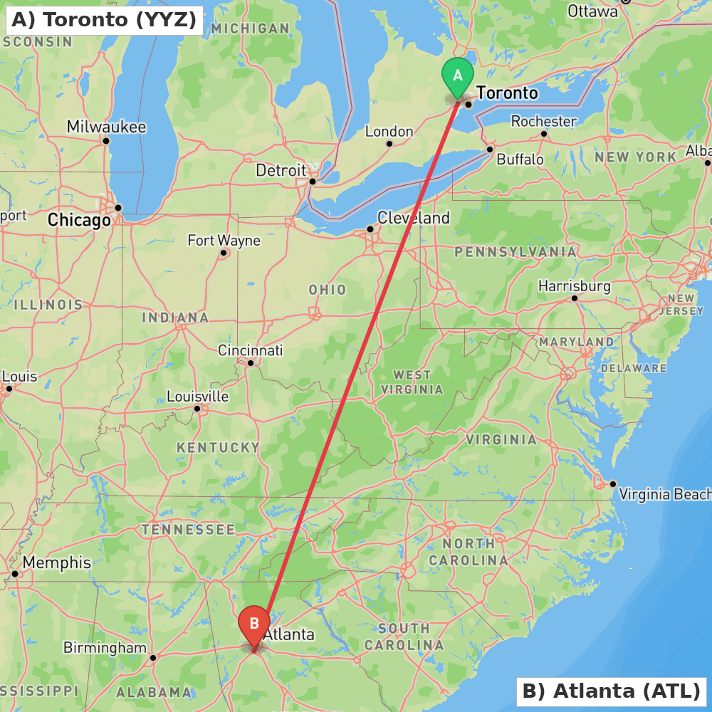 Flight route map from Toronto to Atlanta