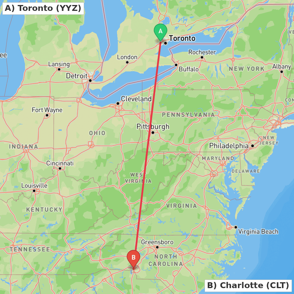 Flight route map from Toronto to Charlotte